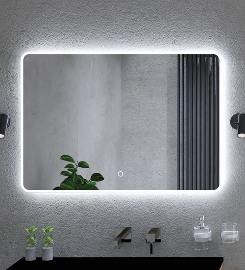 Spiegel Spectre 2.0 120 x 70 cm met afgeronde hoeken en dotless indirecte verlichting rondom, touchbediening (traploos dimbaar) op voorzijde, kleurinstelling koud/warm en spiegelverwarming