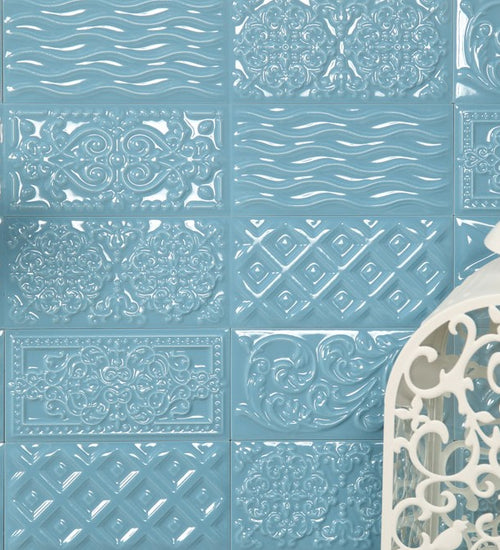 Wandtegel Vives Rivoli Raspail 8 décors Celeste 10x20 cm